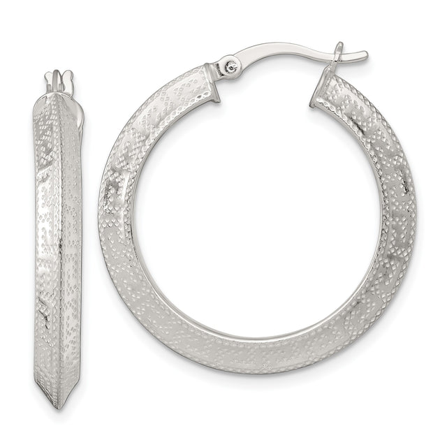 Sterling Silver Hoop Earrings, Wide Round Textured Design with Hammered Diamond-Cut Finish