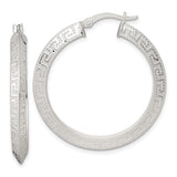 Sterling Silver Hoop Earrings with Textured Greek Key Pattern, Geometric Symbol of Unity and Infinity