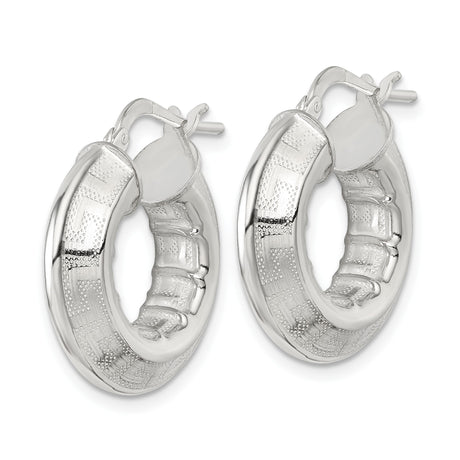 Sterling Silver Hoop Earrings with Etched Greek Key Pattern, Classic Medium-Size Design