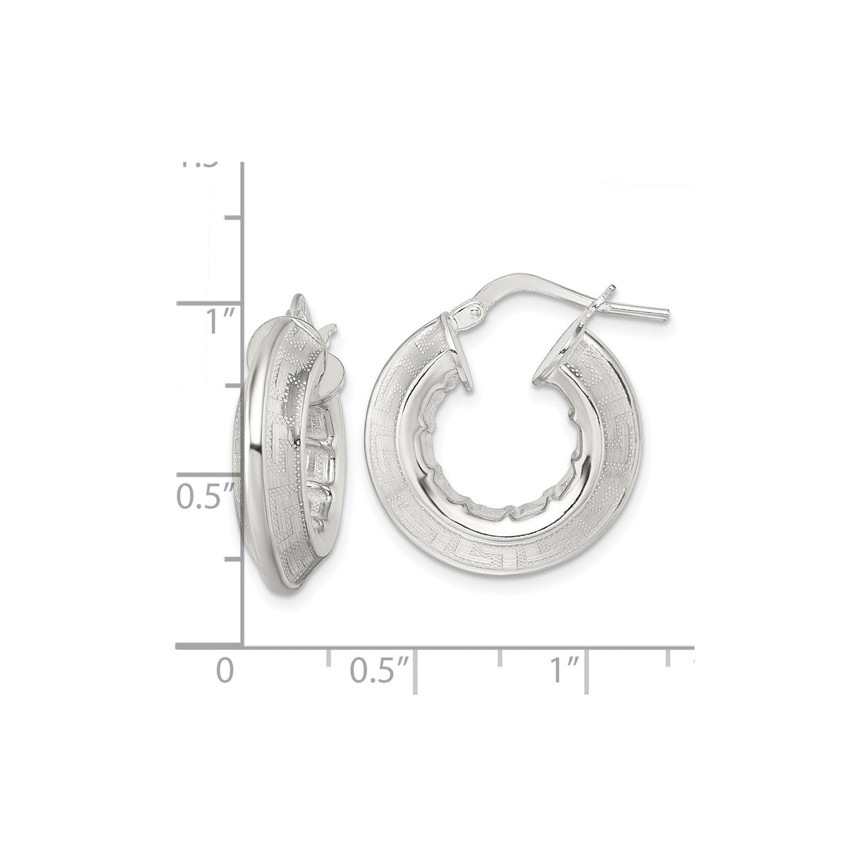 Sterling Silver Hoop Earrings with Etched Greek Key Pattern, Classic Medium-Size Design