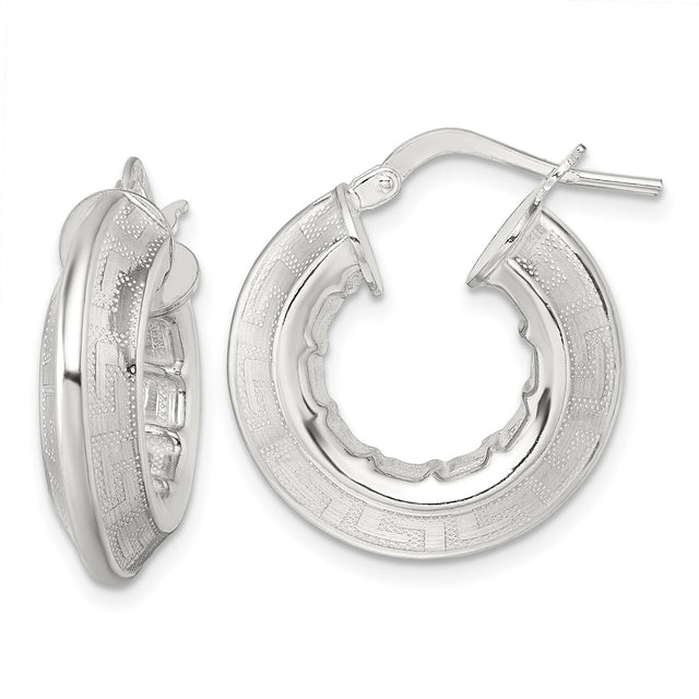 Sterling Silver Hoop Earrings with Etched Greek Key Pattern, Classic Medium-Size Design