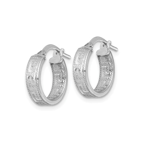 Sterling Silver Hoop Earrings with Greek Key Meander Pattern and Rhodium Finish