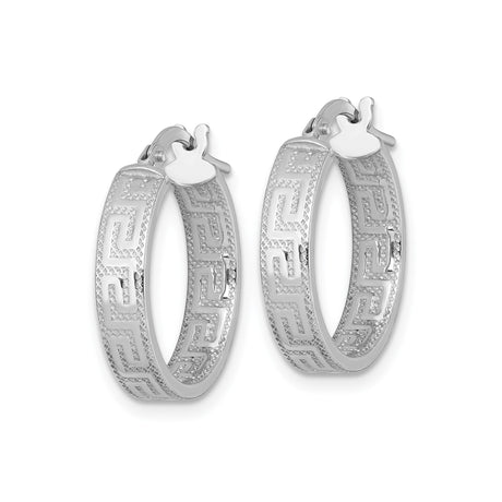 Sterling Silver Hoop Earrings with Greek Key Meander Design and Textured Engraving
