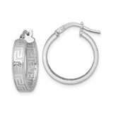 Sterling Silver Hoop Earrings with Greek Key Meander Design and Textured Engraving