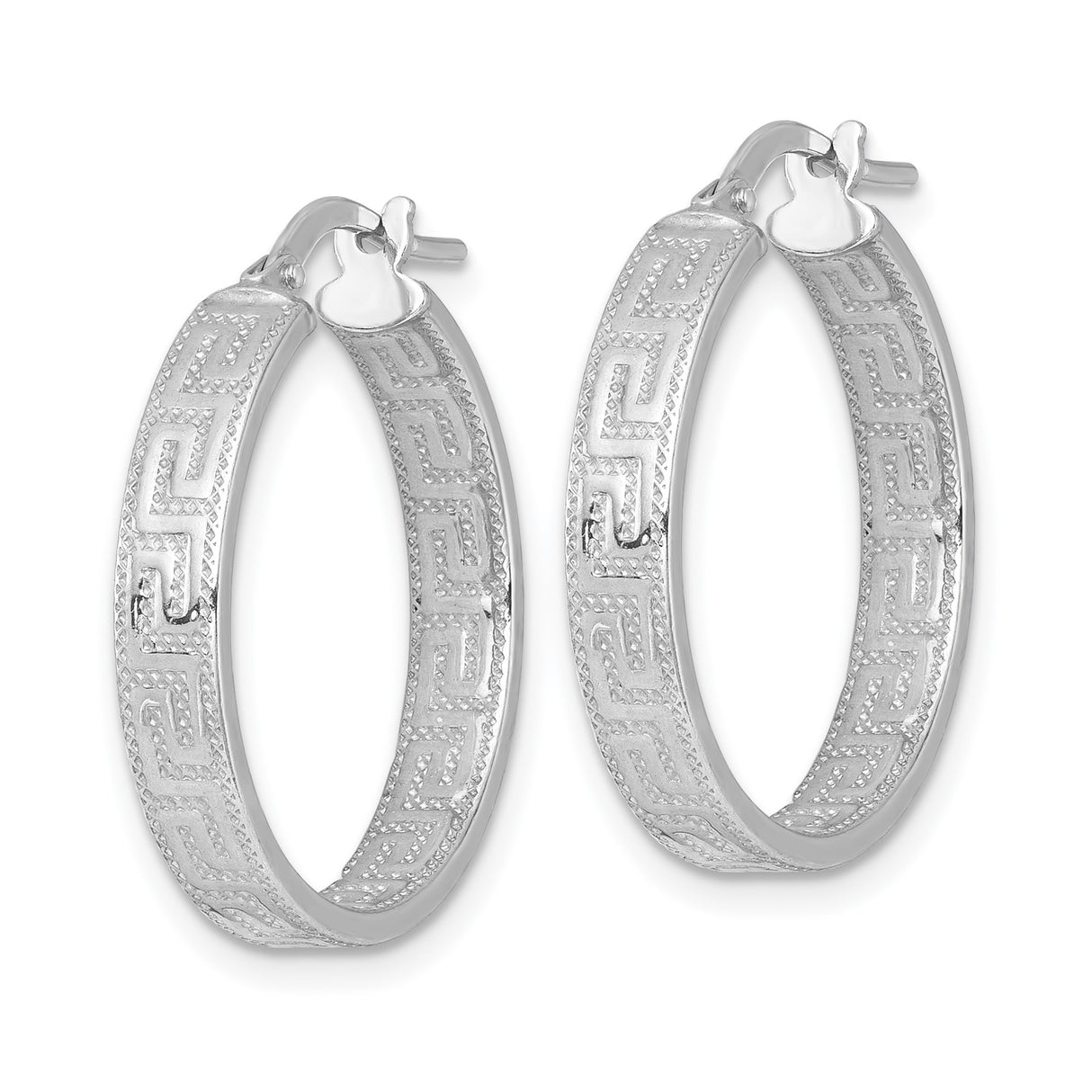 Sterling Silver Hoop Earrings with Greek Key Etched Pattern, Rhodium Plated, Infinity Style