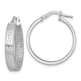 Sterling Silver Hoop Earrings with Greek Key Etched Pattern, Rhodium Plated, Infinity Style