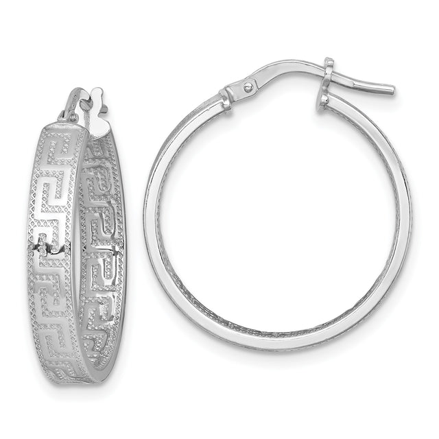Sterling Silver Hoop Earrings with Greek Key Etched Pattern, Rhodium Plated, Infinity Style