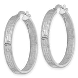Sterling Silver Greek Key Hoop Earrings, Rhodium Plated, Geometric Mediterranean Style