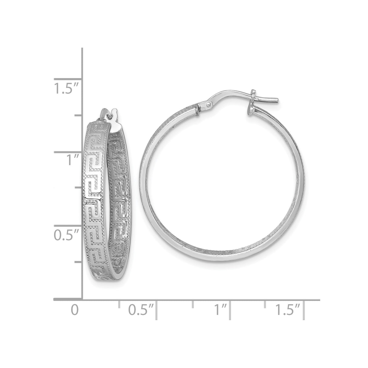 Sterling Silver Greek Key Hoop Earrings, Rhodium Plated, Geometric Mediterranean Style