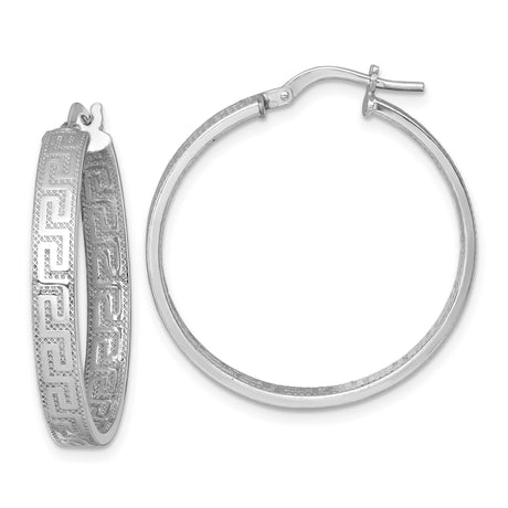 Sterling Silver Greek Key Hoop Earrings, Rhodium Plated, Geometric Mediterranean Style
