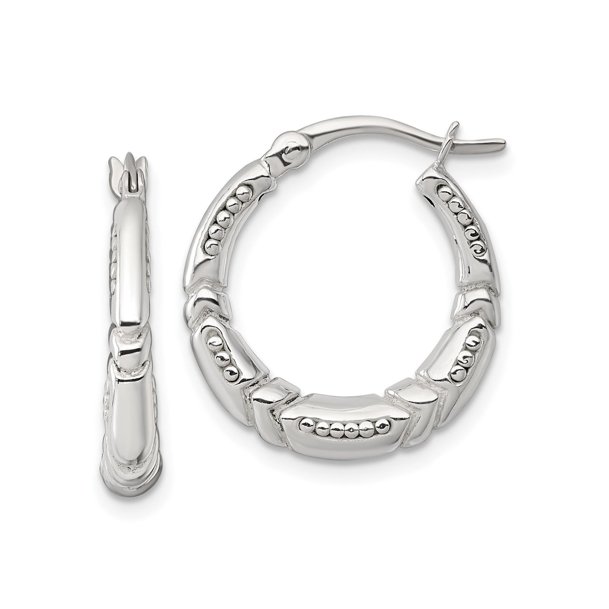 Sterling Silver Hoop Earrings with Bamboo Texture and Beaded Detail for Women