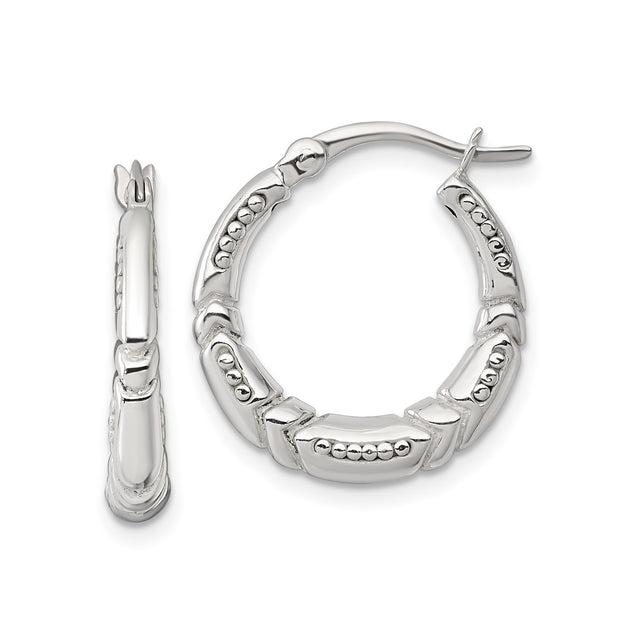 Sterling Silver Hoop Earrings with Bamboo Texture and Beaded Detail for Women