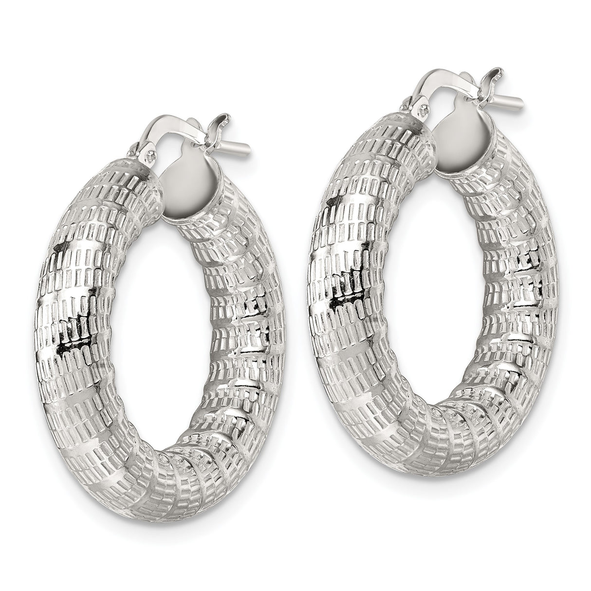 Sterling Silver Hoop Earrings with Bold Woven Texture, Polished Round Design