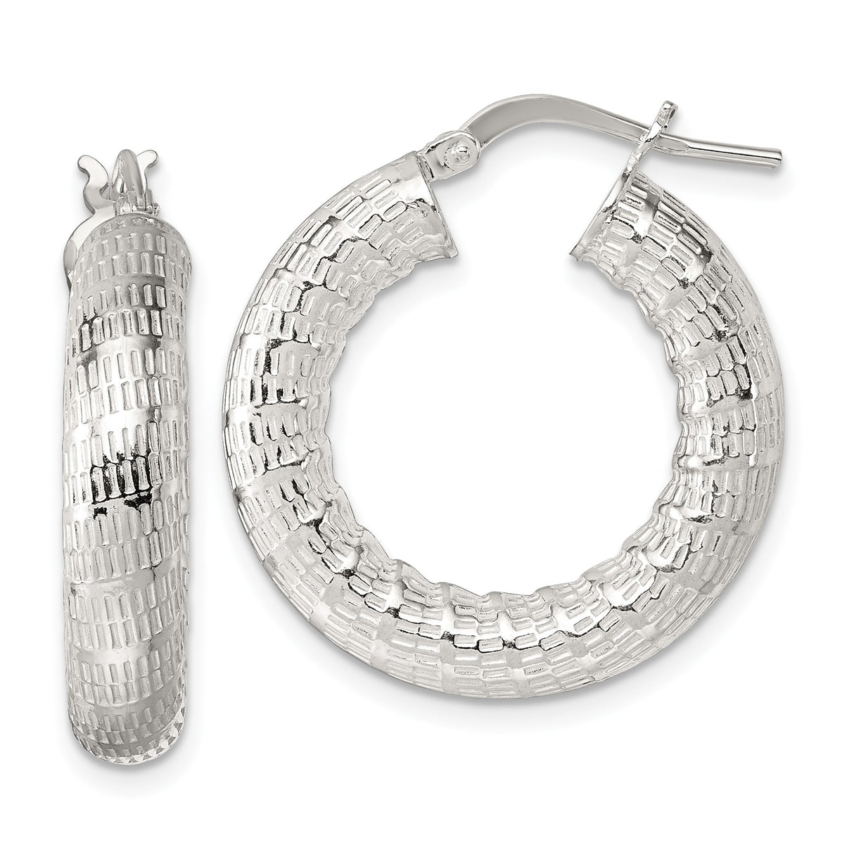 Sterling Silver Hoop Earrings with Bold Woven Texture, Polished Round Design
