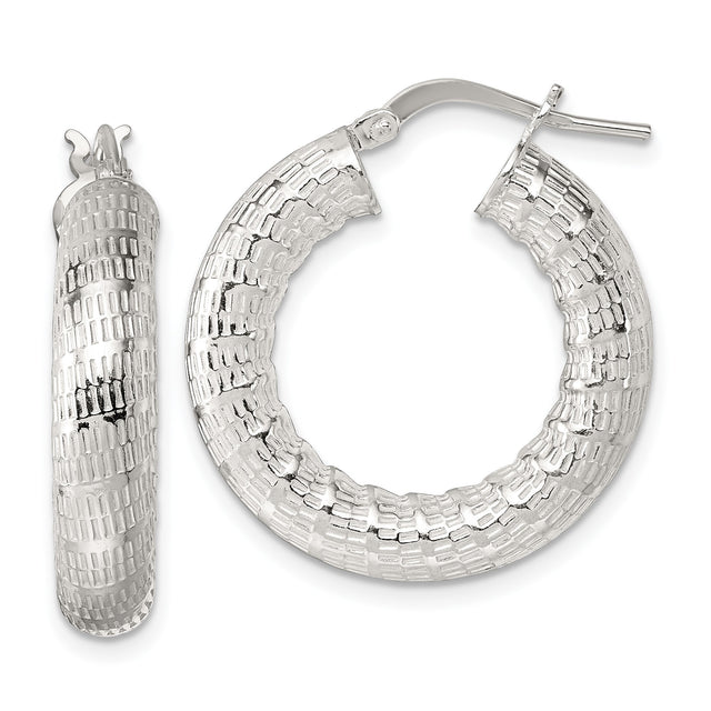 Sterling Silver Hoop Earrings with Bold Woven Texture, Polished Round Design