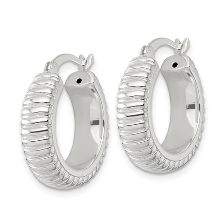 Sterling Silver Hoop Earrings, Ribbed Textured Design with High Polish Finish