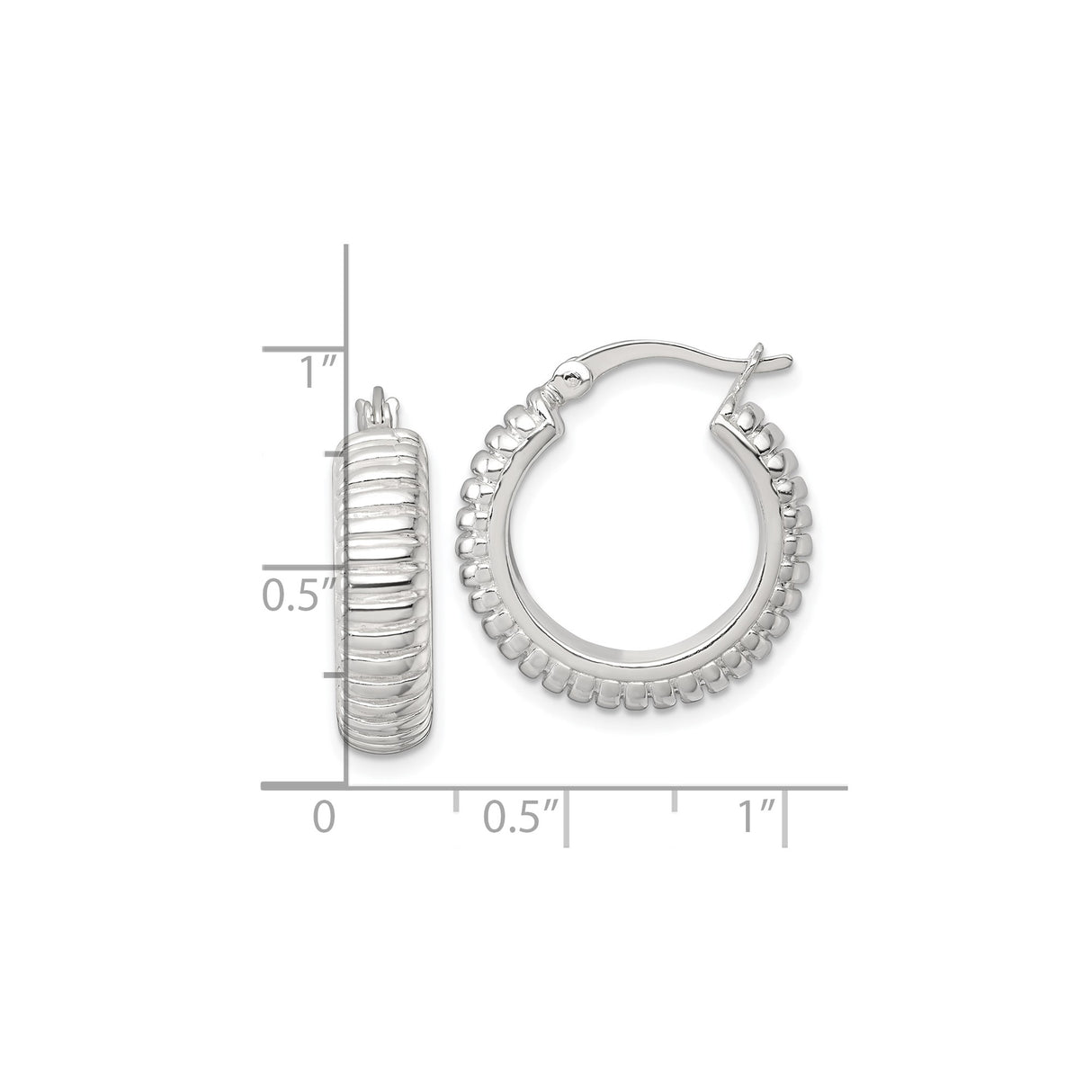 Sterling Silver Hoop Earrings, Ribbed Textured Design with High Polish Finish