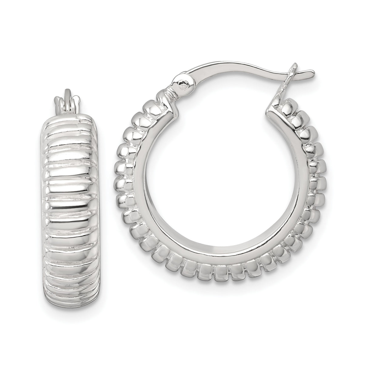 Sterling Silver Hoop Earrings, Ribbed Textured Design with High Polish Finish