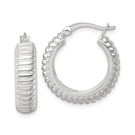 Sterling Silver Hoop Earrings, Ribbed Textured Design with High Polish Finish