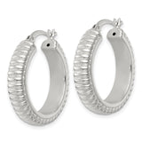 Sterling Silver Hoop Earrings with Ribbed and Beaded Texture, Lightweight Hollow Design