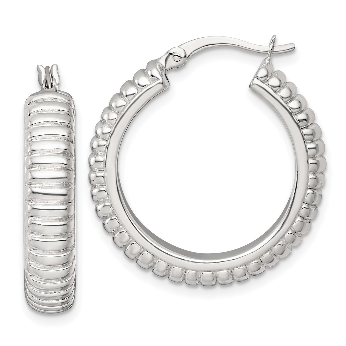 Sterling Silver Hoop Earrings with Ribbed and Beaded Texture, Lightweight Hollow Design