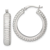 Sterling Silver Hoop Earrings with Ribbed and Beaded Texture, Lightweight Hollow Design
