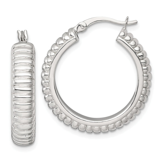 Sterling Silver Hoop Earrings with Ribbed and Beaded Texture, Lightweight Hollow Design