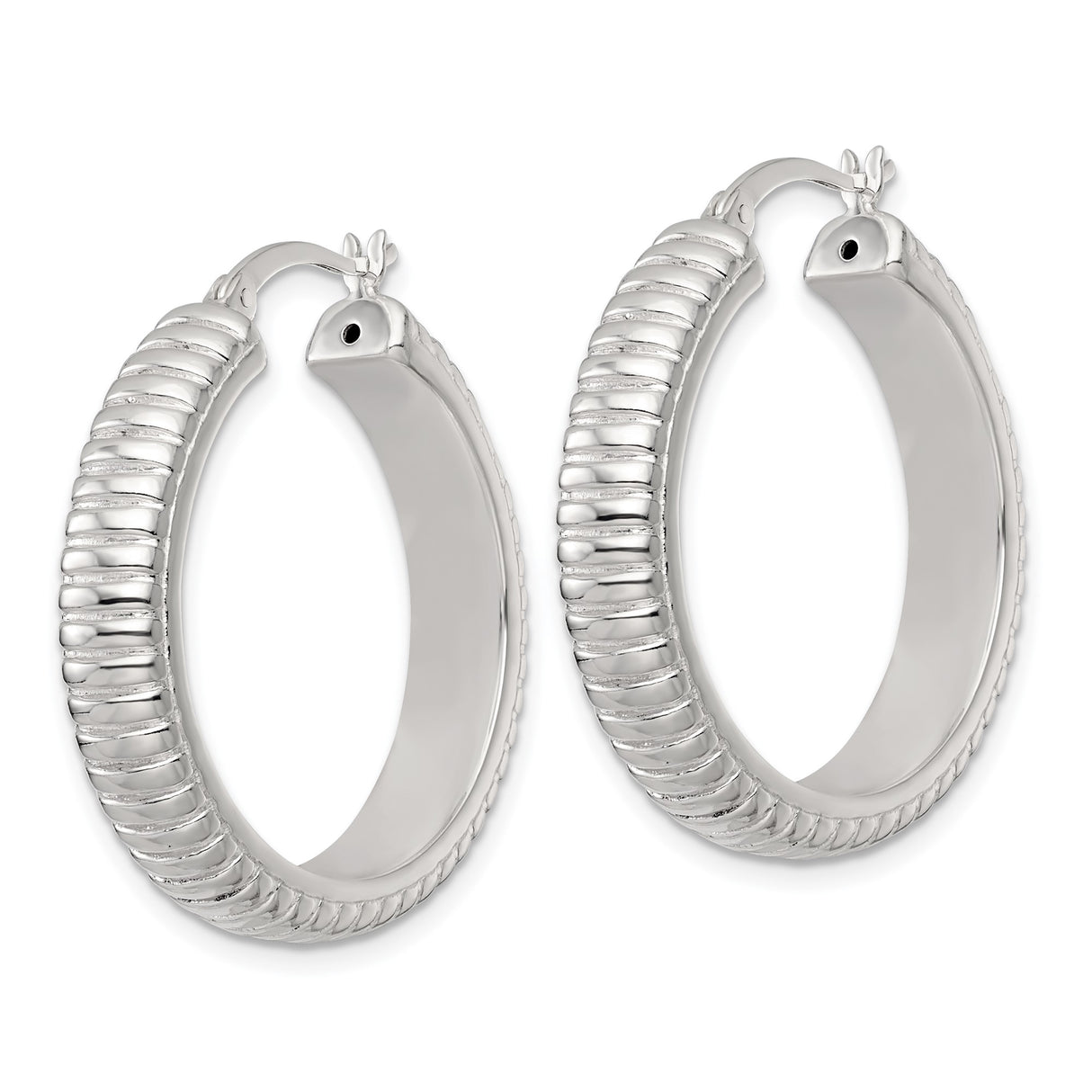 Sterling Silver Hoop Earrings with Ribbed Textured Design and Polished Lining