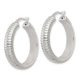 Sterling Silver Hoop Earrings with Ribbed Textured Design and Polished Lining