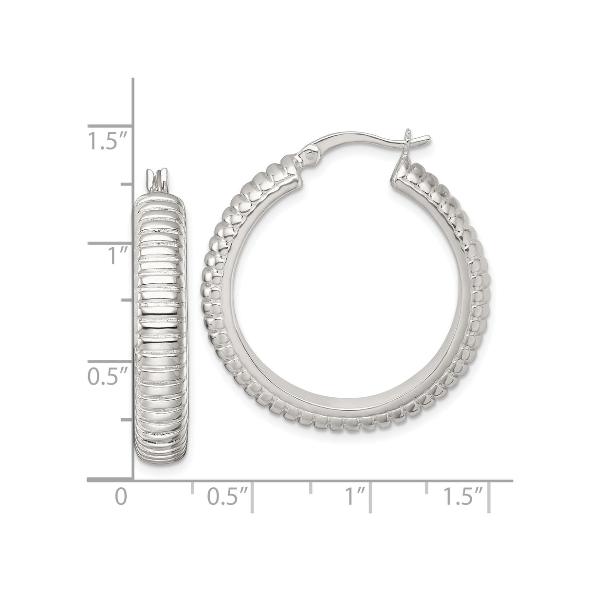 Sterling Silver Hoop Earrings with Ribbed Textured Design and Polished Lining