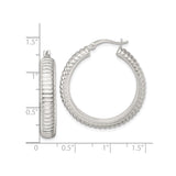 Sterling Silver Hoop Earrings with Ribbed Textured Design and Polished Lining