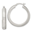 Sterling Silver Hoop Earrings with Ribbed Textured Design and Polished Lining
