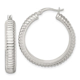 Sterling Silver Hoop Earrings with Ribbed Textured Design and Polished Lining