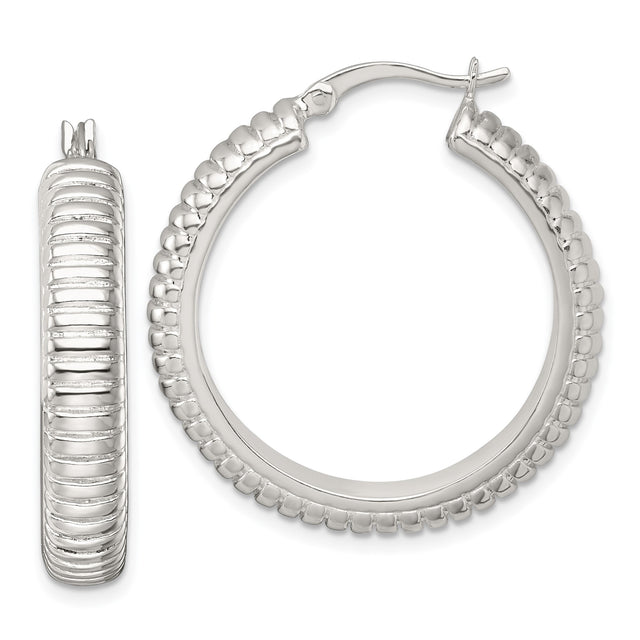 Sterling Silver Hoop Earrings with Ribbed Textured Design and Polished Lining