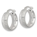 Sterling Silver Hoop Earrings, Ribbed Textured Design, Polished Finish, Latch Back Closure