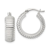 Sterling Silver Hoop Earrings, Ribbed Textured Design, Polished Finish, Latch Back Closure
