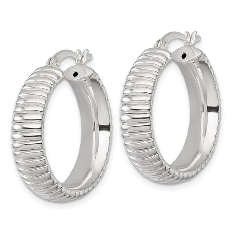 Sterling Silver Hoop Earrings, Textured Ribbed Round Design, Lightweight Medium Hoops for Women