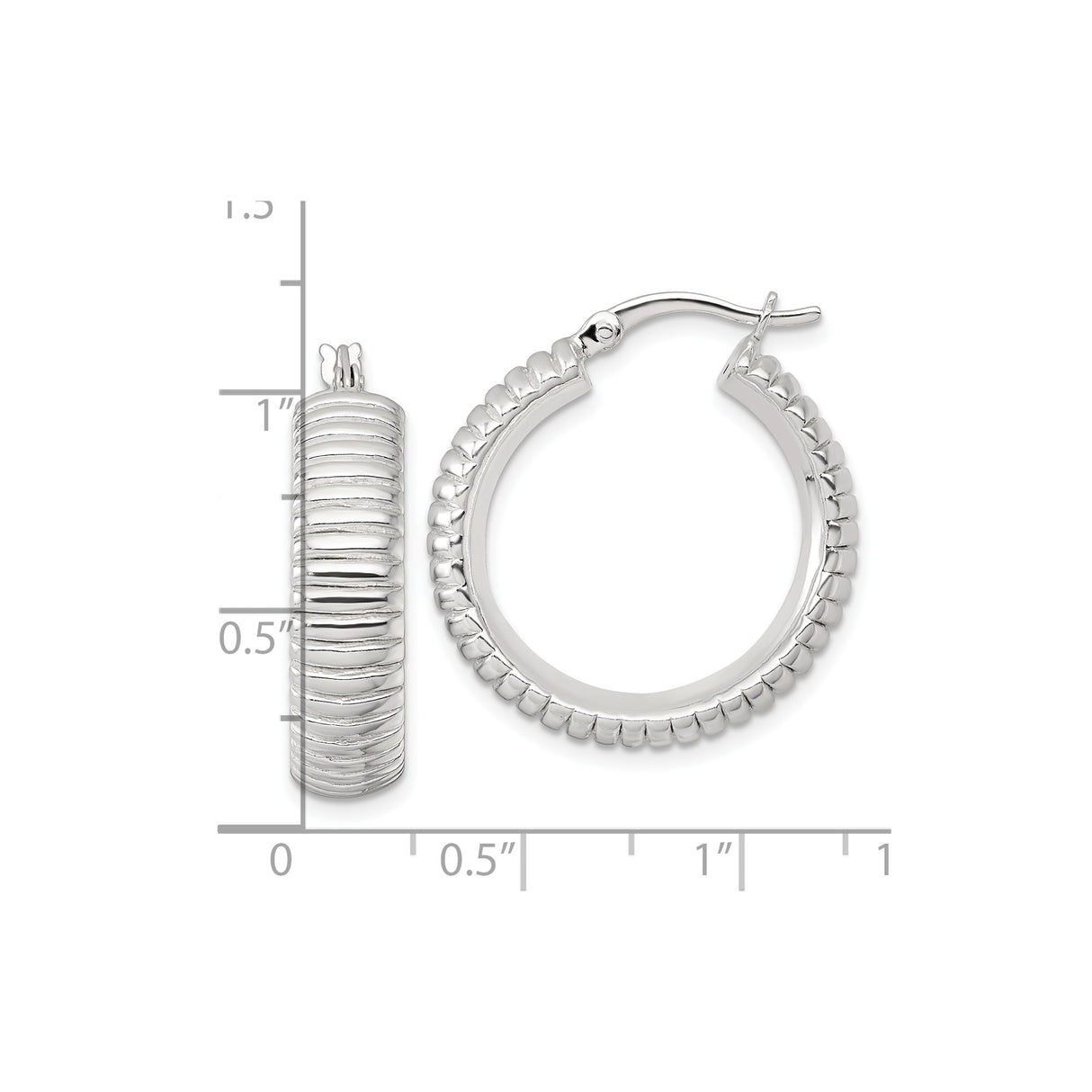 Sterling Silver Hoop Earrings, Textured Ribbed Round Design, Lightweight Medium Hoops for Women