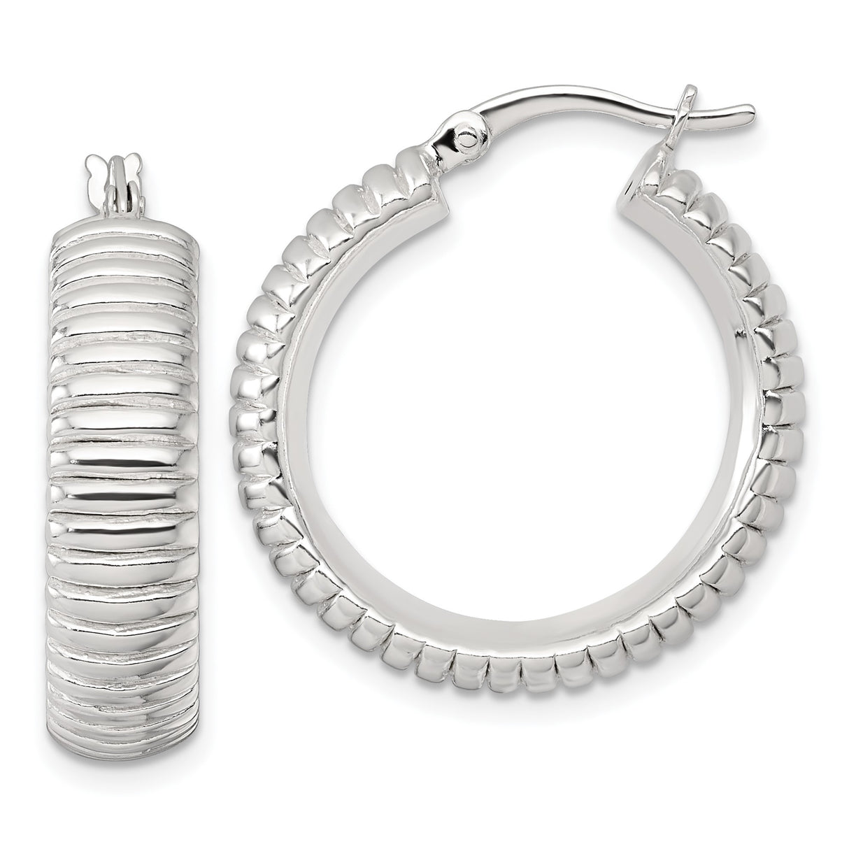Sterling Silver Hoop Earrings, Textured Ribbed Round Design, Lightweight Medium Hoops for Women