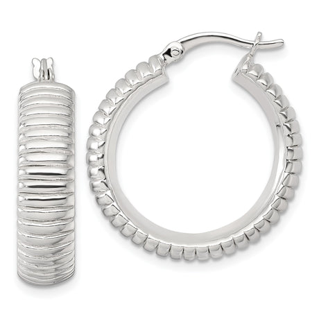Sterling Silver Hoop Earrings, Textured Ribbed Round Design, Lightweight Medium Hoops for Women
