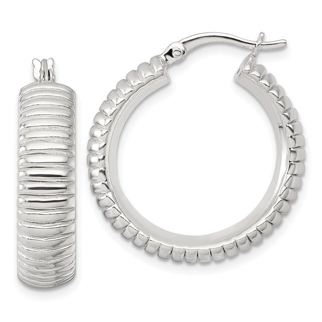 Sterling Silver Hoop Earrings, Textured Ribbed Round Design, Lightweight Medium Hoops for Women