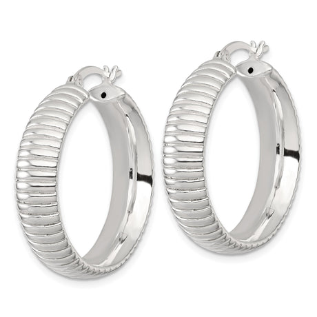 Sterling Silver Hoop Earrings, Ribbed Textured Lightweight Round Design for Women
