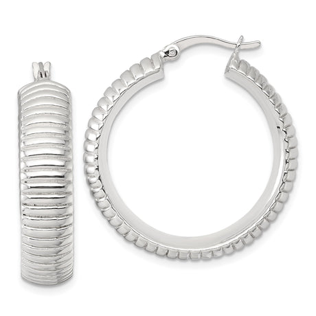 Sterling Silver Hoop Earrings, Ribbed Textured Lightweight Round Design for Women