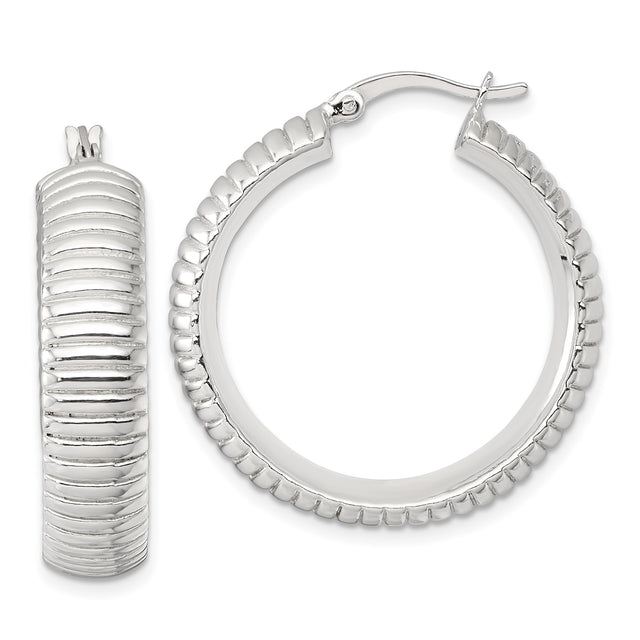Sterling Silver Hoop Earrings, Ribbed Textured Lightweight Round Design for Women