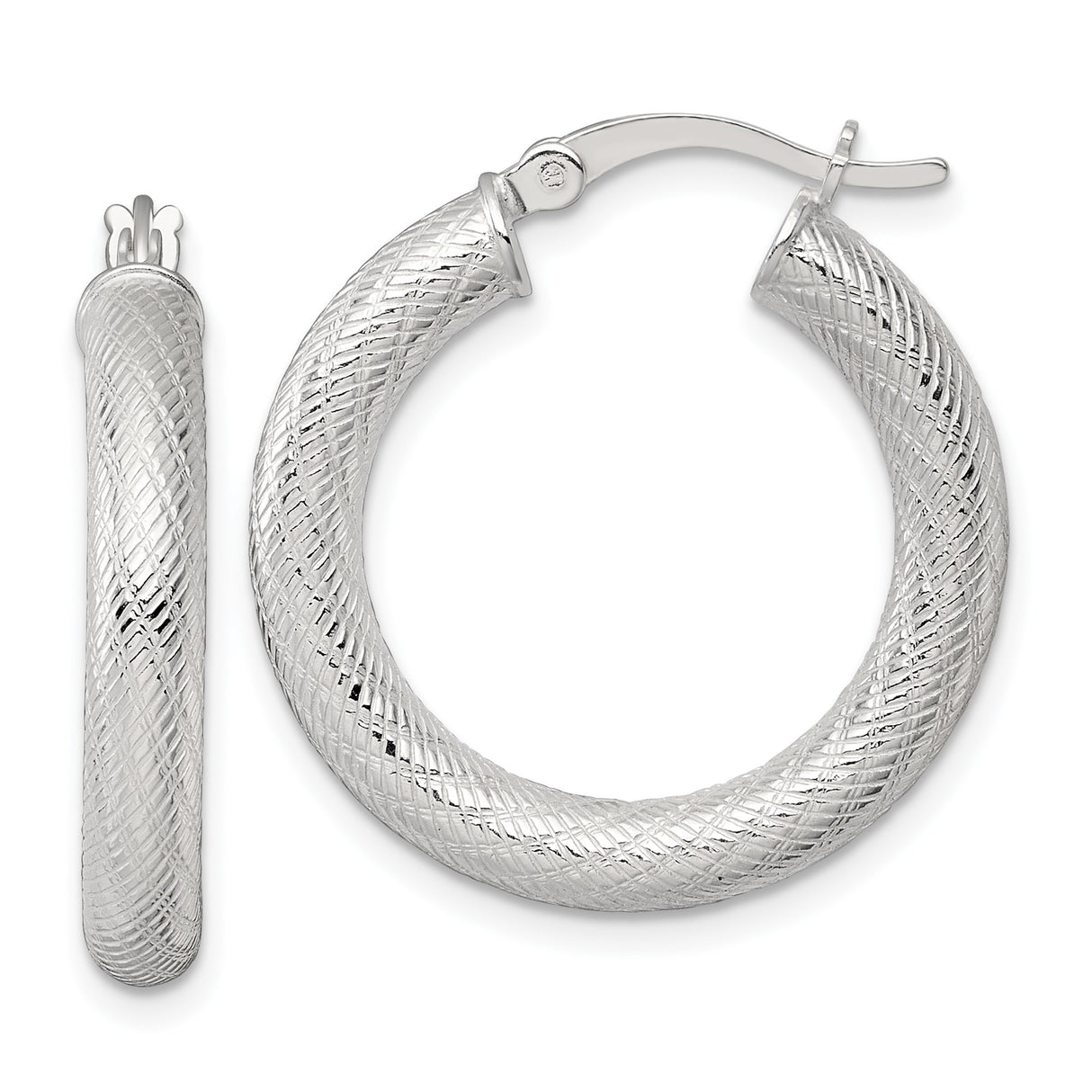 Sterling Silver Hoop Earrings with Wide Domed Crisscross Etched Design for Women