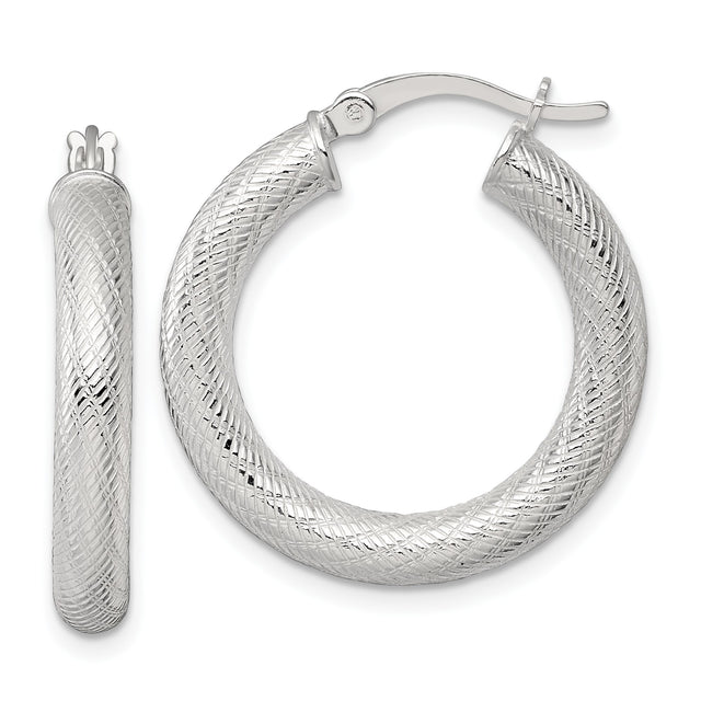 Sterling Silver Hoop Earrings with Wide Domed Crisscross Etched Design for Women
