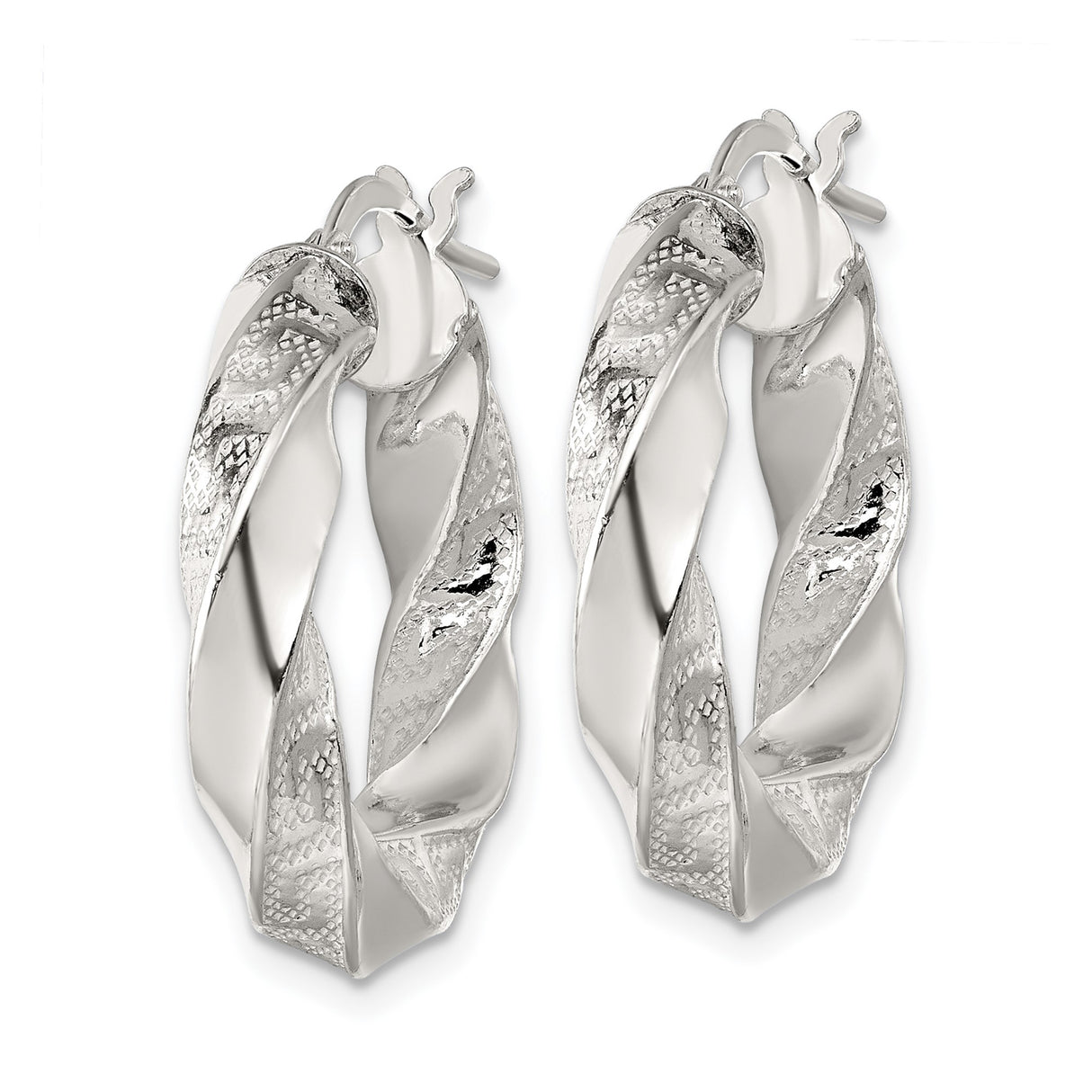 Sterling Silver Twisted Hoop Earrings with Textured High Polish Finish, Lightweight Modern Design