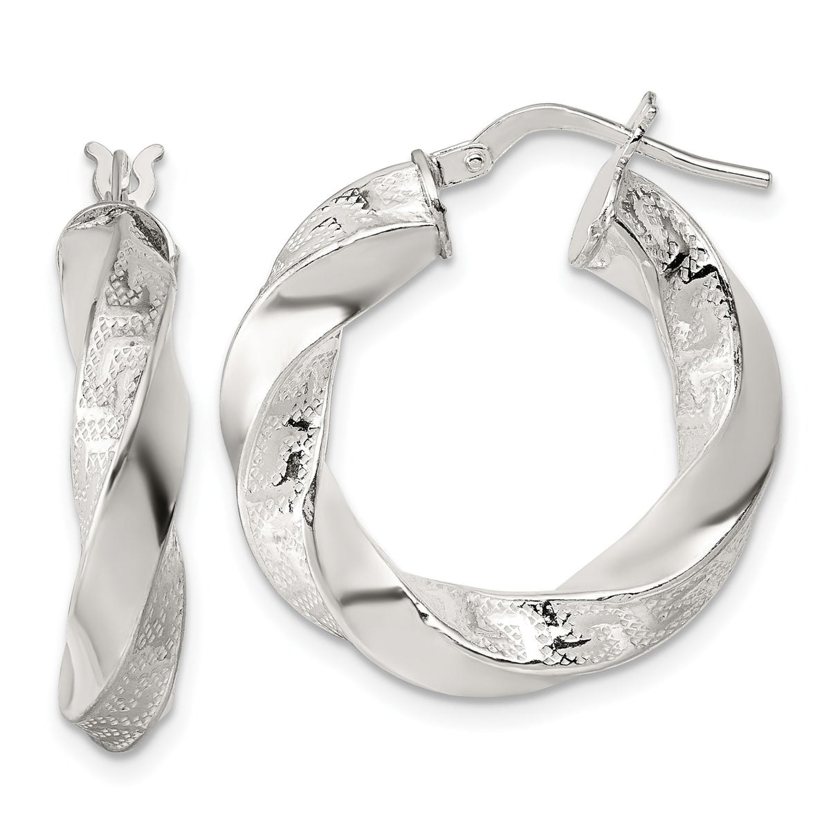 Sterling Silver Twisted Hoop Earrings with Textured High Polish Finish, Lightweight Modern Design
