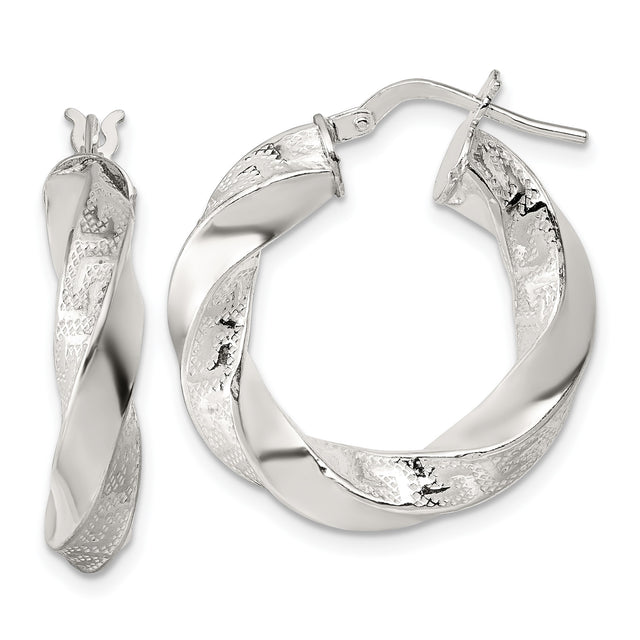 Sterling Silver Twisted Hoop Earrings with Textured High Polish Finish, Lightweight Modern Design