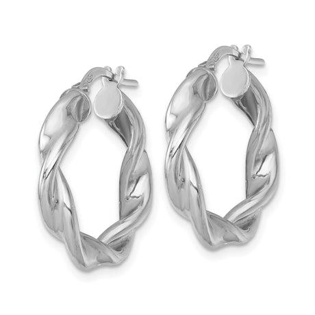 Sterling Silver Twisted Hoop Earrings, Rhodium Plated Braided Design, Polished Minimalist Style